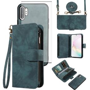 Asuwish Phone Case for Samsung Galaxy Note 10 Plus Note10+ 5G Zipper Wallet Cell Cover with Screen Protector Crossbody Strap Flip Credit Card Holder Note10 + Notes 10+ Ten Not S10 10Plus Women Blue
