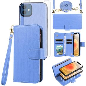 Asuwish Phone Case for iPhone 12 Mini 5.4 Zipper Wallet Magnetic Detachable Cell Cover with Tempered Glass Screen Protector Crossbody Strap Card Holder iPhone12mini 5G i 12s iPhone12 12mini Women Blue
