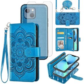 Asuwish Phone Case for iPhone 13 6.1 inch Zipper Wallet Detachable Cell Cover with Tempered Glass Screen Protector Crossbody Strap Flower Card Holder iPhone13 5G i i-Phone i13 iPhone13case Women Blue
