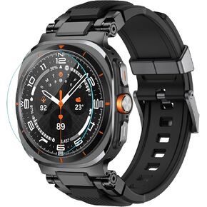amBand Compatible with Samsung Galaxy Watch Ultra Bands for Men, Metal Connector Rugged Strap for Galaxy Watch 7 Ultra 47mm, Sport Accessories with 9H Tempered Glass Screen Protector - Black/Black