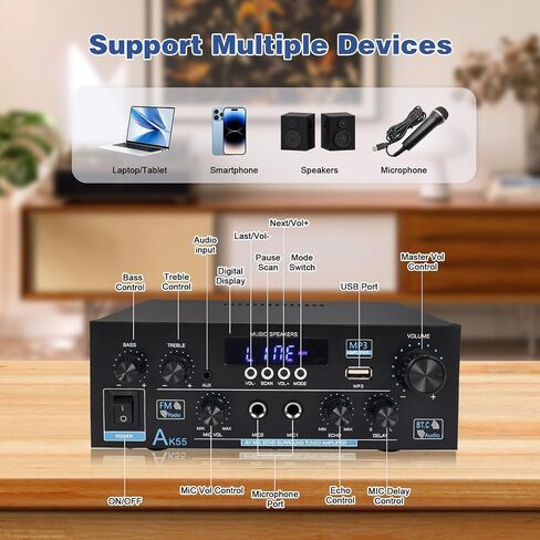 Amplifier Home Audio Stereo 1000W, Bluetooth 5.3 Amplifier for Two 50W x2 Speakers of About 8 Inches, SD Card/USB/MIC, 2.0 Channel HiFi for TV, Home or Your Car (AK55) in Saudi Arabia