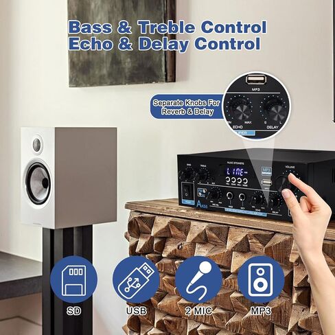 Amplifier Home Audio Stereo 1000W, Bluetooth 5.3 Amplifier for Two 50W x2 Speakers of About 8 Inches, SD Card/USB/MIC, 2.0 Channel HiFi for TV, Home or Your Car (AK55) in Saudi Arabia