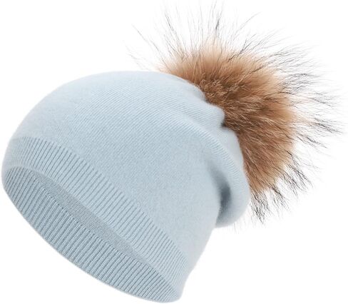 Women Cashmere Winter Slouchy Knit Beanie Hat with Real Fur Pom Pom Winter Beanie Knit Stocking Cap Ski Hat in Kuwait