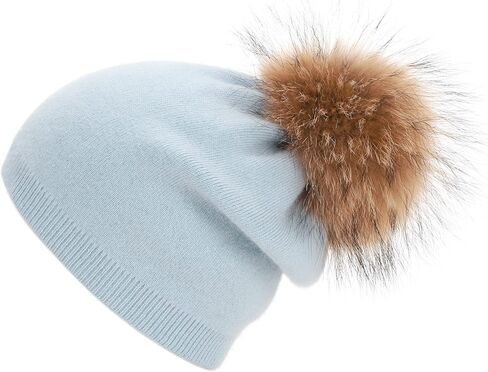 Women Cashmere Winter Slouchy Knit Beanie Hat with Real Fur Pom Pom Winter Beanie Knit Stocking Cap Ski Hat in Kuwait