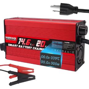 14.6V 20A Smart Charger Used for 4S 12V LiFepo4 Battery Charger with Cooling Fan OLED Display Aluminum Case Output Alligator Clip