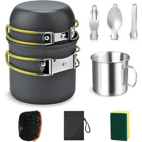 HexaHive Camping Cookware Set, Backpacking mess kit with 0.26 Gal Pots 0.14 Gal Pans Stainless Steel Cups and Forks Knives Spoons, Camp Cooking kitchen pans set for Hiking, Camping, Outdoor and Picnic