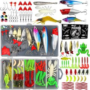 Fishing Lures kit, Baits Tackle for Bass Trout Salmon Fishing Accessories, Tackle Box Including Minnow,Spoon Lures Soft Plastic Worms Jigs Fishing Gear, Fishing Bait Kit Gifts for Men