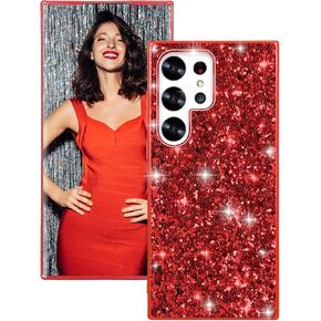 Silicone Case for Samsung Galaxy S25 Ultra 5G Case Glitter Sparkle Bling,Hybrid Matte Back Case High Impact Heavy Duty Shockproof Protective Cover for Samsung S25 Ultra Cute Case for Women (Red)