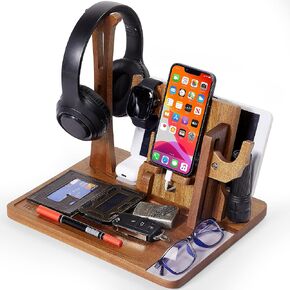 Wooden Nightstand Organizer, Bedside Desk Organizer, Stand for Headphone, Tablet and Watch, Phone Docking Station with Felt Lining, for Men and Women, Birthday, Christmas (Sapele Wood)