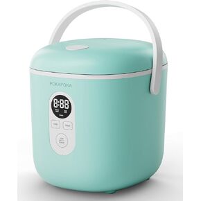 POKAPOKA Mini Rice Cooker 2 Cup Uncooked, Small Travel Rice Cooker with Portable Handle, 24-H Timer Delay, LED Display, 1.2L Non-stick Inner Pot, Aqua