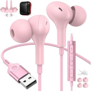 USB Headset with Microphone for PC USB A Headphones for PS5 Computer 7.5FT Cord Magnetic in-Ear Earbuds Audio Control Mute Function for Laptop Desktop Notebook Headset for Office Live Broadcast Gaming