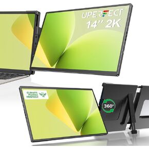 UPERFECT Laptop Screen Extender, 2K 14" 360°Unique Swivel Hinge w/ 180° Automatic Rotation, 2240x1400 QHD IPS Portable Monitor for 14"-17'' Laptops, Plug & Play with Mac, Wins, Dex (Only one Screen)