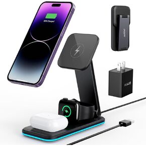 Magnetic Charging Station,Hohosb 3 in 1 Foldable Wireless Charger Stand[Compatible with Magsafe Charger] for iPhone 15/14/13/12 Series, AirPods Pro/3/2,Apple Watch/iWatch(18W Adapter Included)-Black