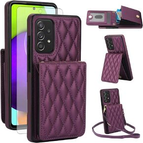 Phone Case for Samsung Galaxy A52/A52S 5G Wallet Cover with Tempered Glass Screen Protector Credit Slot Card Holder Crossbody Strap Stand RFID Blocking A 52 S 4G G5 52A S52 52S Women Men Dark Purple