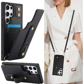 Crossbody Wallet Case for Samsung Galaxy S25 Ultra, RFID Blocking PU Leather Lanyard with Card Slots Holder Wrist Strap Kickstand Cover for Women Case for Samsung S25 Ultra.Removable Pink