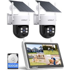 Outdoor Solar Security Camera System Wireless with 10" 10CH Monitor NVR, 2PCS 4MP PTZ Battery Powered Surveillance Camera for Home Security,Human Detection,2-Way Talk,Built-in 500G HDD