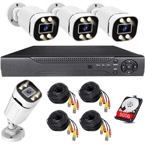 Home Security System 4Ch DVR Kits with 4pcs 1080P Waterproof Bullet Analog AHD TVI CVI Camera 3MP Lens Color Night Vision Outdoor Surveillance Wired CCTV Set (Include 500GB HDD) 24/7 Recording