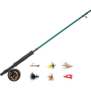 Martin Complete Fly Fishing Rod and Reel Combo Kit, 5/6-Weight 8-Foot 3-Piece Moderate Action Fiberglass Rod, Single Action Rim Control Reel, 6-Weight Line, 6-Piece Fly Assortment, Brown/Green