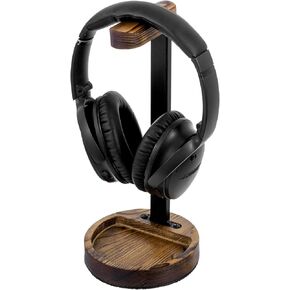 MyGift Deluxe Urban Matte Black Metal Headphone Stand with Rustic Solid Wood Base, Desktop Office Gaming Headset Holder Pedestal Display Rack