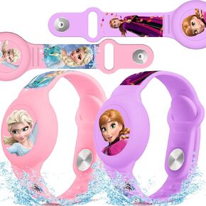 Waterproof Air Tag Bracelet for Kids [2 Pack], Princess Air Tag Holder for Kids with Full Coverage Hidden Design, Silicone Airtag Wristband for Child, Pink + Purple