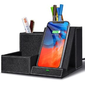 TopMade Fast Wireless Charger with Desk Organizer,Desk Storage,Multifunctional Desktop Organizer All in One Office Supplies and Desk Accessories Organizer with 3 Compartments and 1 Phone Stand