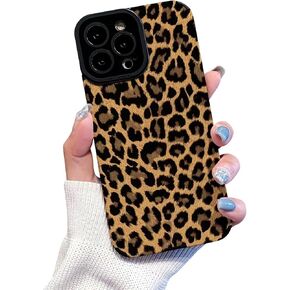 Compatible with iPhone 13 Pro Max Case with Cute Fashion Brown Leopard Pattern Leather Simple Case for Women Girls Soft Silicone Protection Case Cover-Black