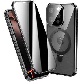 Fit for MagSafe iPhone 15 Pro Max Case, Built-in Screen Protector and Lens Protector, Magnetic Ring Stand, Mil-Grade Shockproof Metal Frame. Anti-Yellow, Kickstand, Privacy/Black.