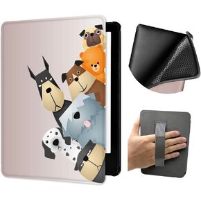 Case for All-New Kindle Paperwhite (7", 12th Generation, 2024 Release) with Hand Strap, Lightweight PU Leather and TPU Soft Back Cover with Auto Wake/Sleep Function (Dogs Family)