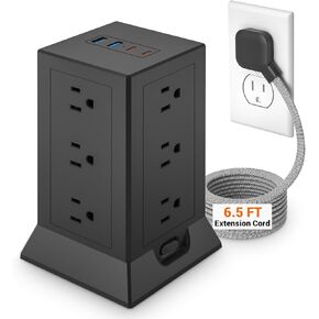 Flat Extension Cord 10 ft, Surge Protector Power Strip Tower with 12 AC Outlets and 4 USB Ports (2 USB C) for Home Office Dorm, Black