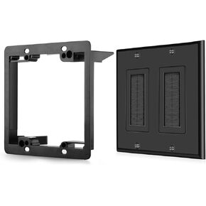 TNP Brush Wall Plate with Mounting Bracket Kit Double 2 Gang Cable Entry Access Brush Bristles Style Strap Opening Port Insert Socket Wiring Plug Jack Decorative Face Cover Outlet Mount Panel (Black)