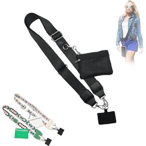 Clip and Go Strap for Phone with Wallet Crossbody,Phone Strap with Zippered Pouch,Phone Strap Crossbody,Phone Lanyard Crossbody (Black)