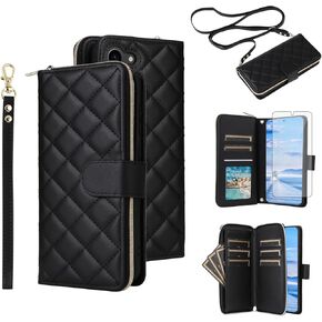 Asuwish Phone Case for Samsung Galaxy S23 Plus S23+ 5G Wallet Cover with Tempered Glass Screen Protector Strap Card Holder Flip Cell Zipper S23plus 23S + S 23 23+ SM-S916U 6.6 inch Women Girls Black