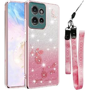 for Motorola Moto G75 5G Case Clear Glitter with Crossbody Lanyard for Woman Girls, Plating Bling Sparkle Flowers Floral with Shoulder Strap Wristband Shockproof Cover for Moto G75 YSS Pink
