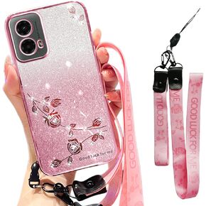 for Motorola Moto G-5G-2024/Moto G-Play-2024 Case Glitter with Crossbody Lanyard, Bling Sparkle Flowers Floral Clear Cover with Wrist Strap for Moto G 5G 2024/Moto G Play 2024 YSS Pink