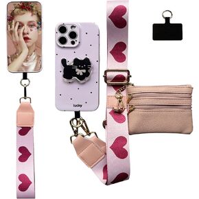Clip and Go Strap Phone Case for iPhone 16 Pro Max 6.9 '' مع Crossbody Pouch Wallet محفظة و Cat ، Save Girls Phone Strap مع غطاء محفظة قابلة للتعديل