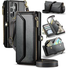 Crossbody Wallet Case Compatible with Samsung Galaxy S24 Ultra 5G RFID Blocking 10-Card Holder Soft PU Leather Magnetic Snap Strap Zipper Pocket Phone Case Fit for Galaxy S24 Ultra - Purple