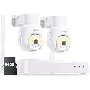 ZOSI 8 Channel 3K Wi-Fi 6 Security Camera System with 64G SD Memory Card for 24/7 Record, 2 x 5MP Pan Tilt WiFi Camera with Auto Tracking, Color Night Vision, Plug-in, AI Person Detect, 2-Way Audio
