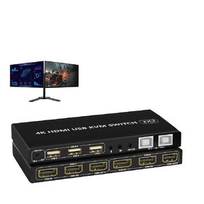 Dual Monitor KVM Switch 4K@60Hz 2 Port Extended Display, Dual Monitor KVM Switch 2 in 2 Out with Audio Microphone Output and 3 USB 2.0 Hub, 2 HDMI Monitors 2 Computers Dual Monitor Switch