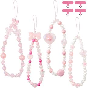 4 Pcs Phone Charm Butterfly Bow Cute Knot Beaded Phone Lanyard Wrist Strap Phone Charm Aesthetic Phone Keychain Heart Lanyard Pearl Beaded