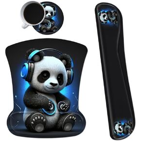 Ergonomic Mouse Pad with Wrist Support Gel Mouse Pads and Upgrade Keyboard Wrist Rest Pad Set, Coasters Non-Slip PU Base Mouse Mat for Office Gaming Computer Laptop Home, Panda