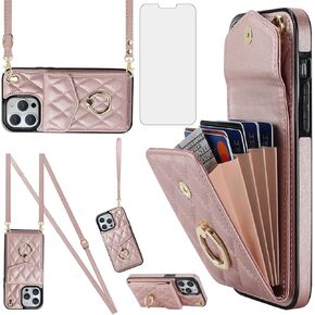 Asuwish Phone Case for iPhone 13 Pro 6.1 inch Wallet Cover with Tempered Glass Screen Protector and Ring RFID Blocking Card Holder Slot Cell iPhone13Pro 5G i i-Phone i13 iPhone13 13Pro Women Rose Gold