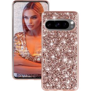Silicone Case for Google Pixel 9 Pro XL 5G Case Glitter Sparkle Bling, Hybrid Matte Back Case High Impact Heavy Duty Shockproof Protective Cover for Google 9 Pro XL Cute Case for Women (Rose Gold)