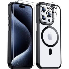 Temdan Magnetic for iPhone 15 Pro Max Case Clear, [Compatible with Magsafe][2 Pcs Glass Screen Protector+Camera Lens Protector] [Not Yellowing] Slim Shockproof for iPhone 15 ProMax Case,Black