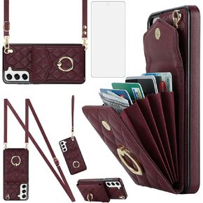 Asuwish Phone Case for Samsung Galaxy S21 FE 5G Wallet Cover with Tempered Glass Screen Protector Crossbody Ring RFID Blocking Card Holder Cell S 21 EF S21FE5G UW S21FE 21S G5 6.4 inch Women Wine Red