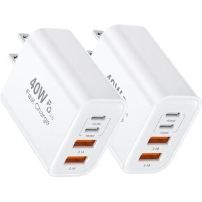 [2 Pack] 40W USB C Wall Charger Block,4-Port USB C PD Power Adapter Fast Charging+ QC 3.0 USB A Multiport Charger Brick for iPhone 16/15/14/13/Pro Max/XS/XR/8/7, iPad, Airpods,iwatch,Samsung,Tablets