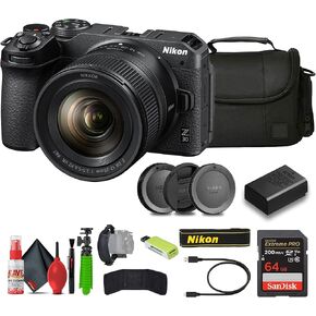 Nikon Z30 Lightweight Mirrorless Camera with 12-28mm Zoom Lens + Soft Case + Cleaning Kit + Memory Card Wallet + Extreme PRO 64GB Card + Card Reader + Hand Strap + 12 Inch Flex Tripod (Renewed)