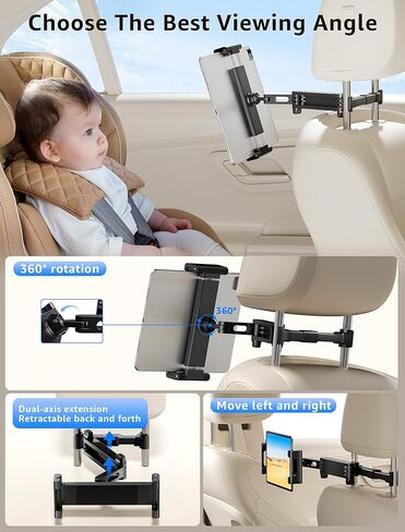 حامل الكمبيوتر اللوحي للسيارة ، مسند رأس السيارة جبل 360 درجة مدونة مقعد المقعد الخلفي القابل للتعديل حامل قرص عالمي للسيارة لمدة 5.5-18.4 بوصة لوحي/iPad/هواتف (أسود) in Kuwait