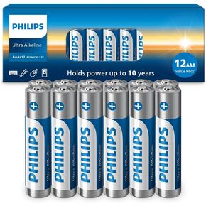 PHILIPS AAA Batteries, Ultra Alkaline Triple AAA Batteries 12 Pack, 1.5v Batteries AAA Size Pack, Ultimate Long-Lasting Power for High-Drain Devices, 10-Year Shelf Life, Durable Leak-Proof Design.