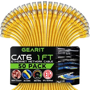 GEARit Cat 6 Ethernet Cable (50-Pack 1 Foot) Cat6 Network Patch, 10Gbps, RJ45, Snagless Cord, Gold-Plated Connectors, Internet for PC, TV, Tablet, Router, Printer, Servers, IT Data Center - Yellow