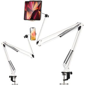 Tablet Stand Holder for Bed,White Folding Tablet Holder for Desk,Flexible Tablet Arm Clamp Compatible with iPad/iPhone15/iPad Pro/N-Switch,Kindle Fire,or Others 4.5~12.9 Inch-Reading